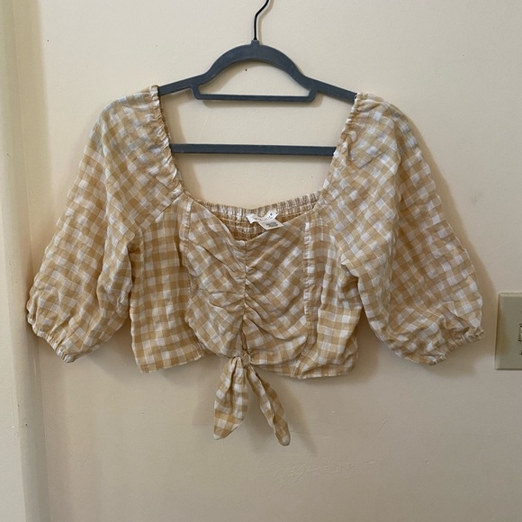 KIRIOUS LOS ANGELES GINGHAM TAN CROP SQUARE NECK TOP SIZE M - Picture 1 of 3